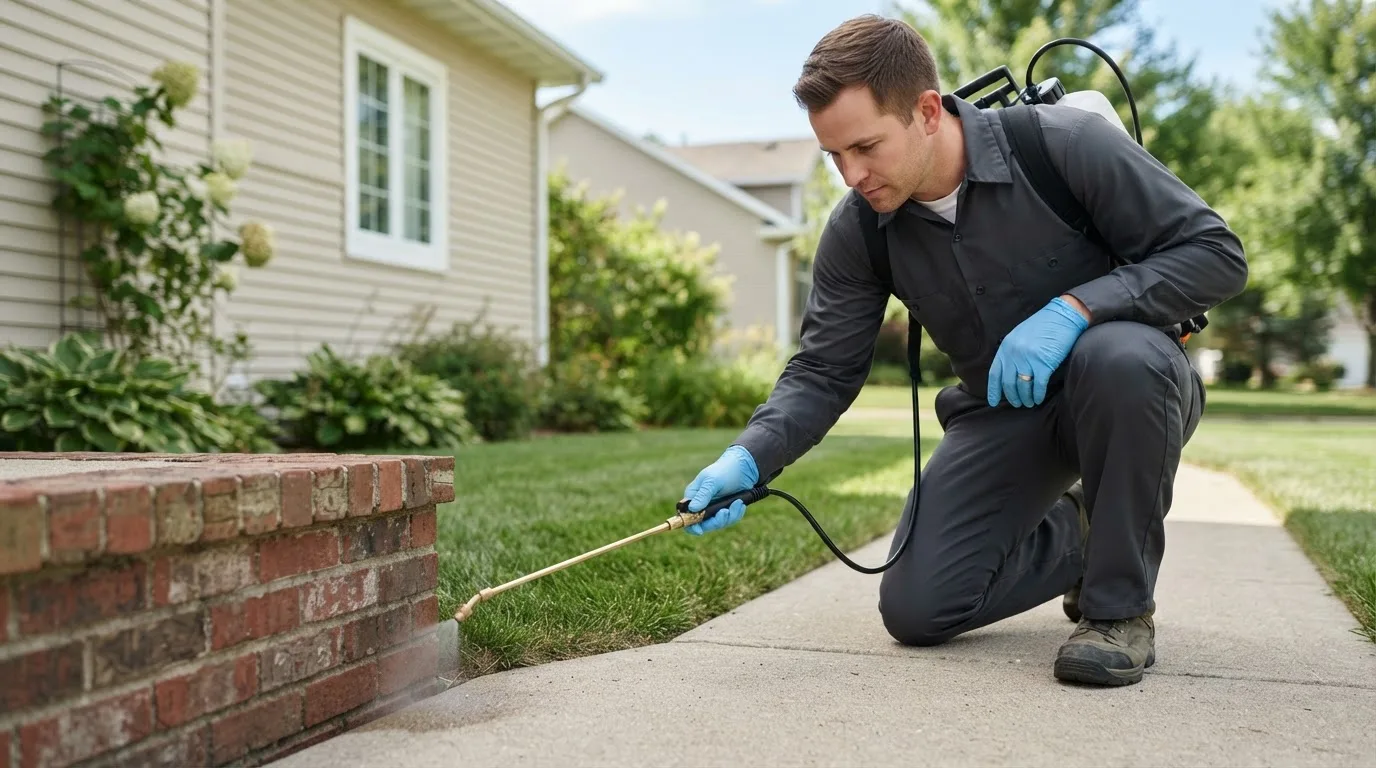 Pest control technician treating a home near New Salem, IL